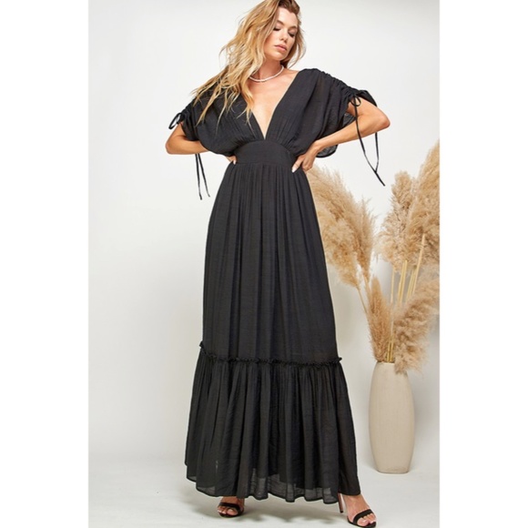 Dresses & Skirts - SOLD OUT Black Ruffled & Tiered Plunge Neck Maxi Dress